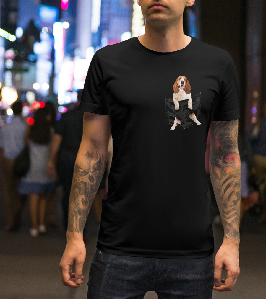 Funny Basset Hound Peekaboo In Pocket T-Shirt