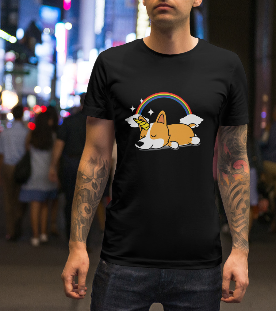 Unicorn Corgi Rainbow Sleeping Dog Fantasy Magic T-Shirt