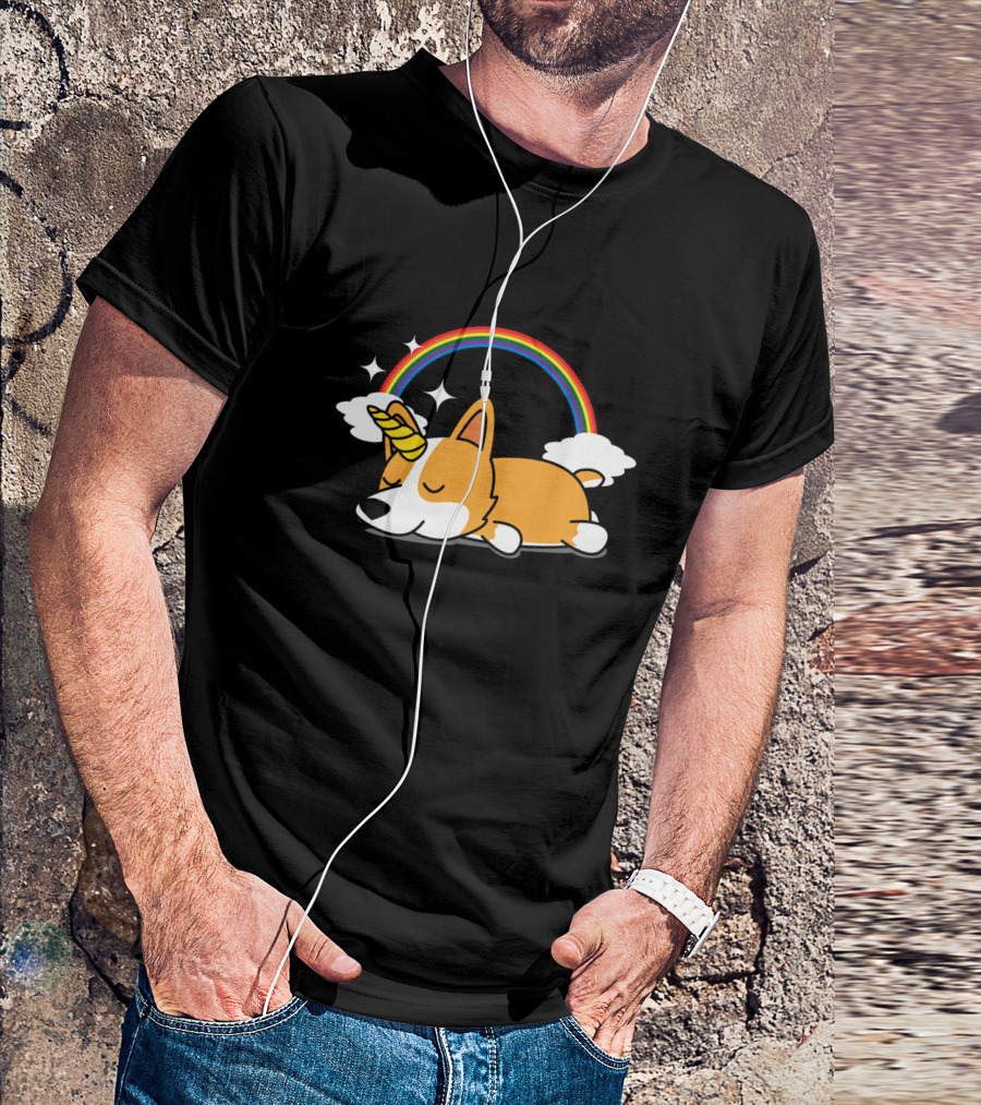 Unicorn Corgi Rainbow Sleeping Dog Fantasy Magic T-Shirt