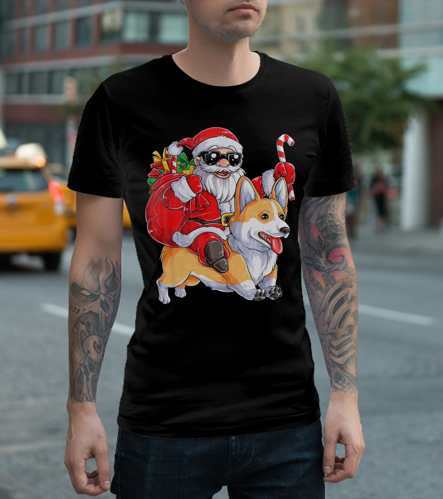Santa Claus Riding Corgi With Gifts And Candy Cane Christmas T-Shirt