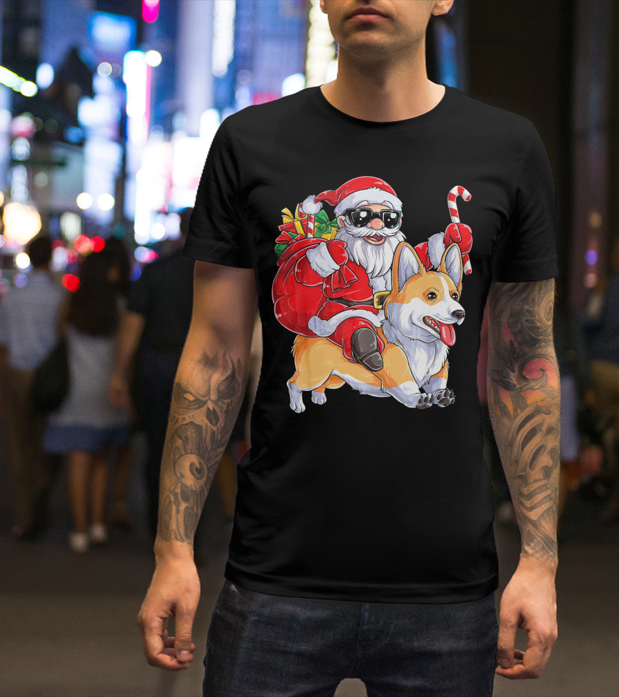 Santa Claus Riding Corgi With Gifts And Candy Cane Christmas T-Shirt