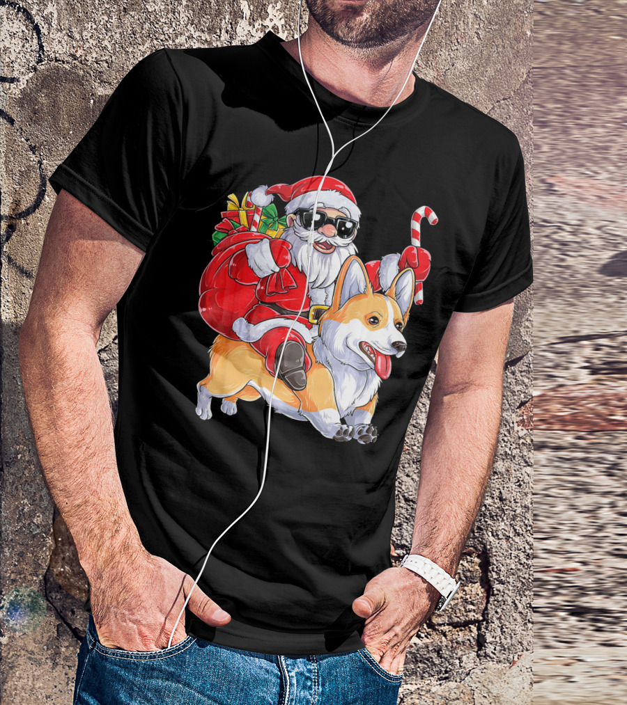 Santa Claus Riding Corgi With Gifts And Candy Cane Christmas T-Shirt