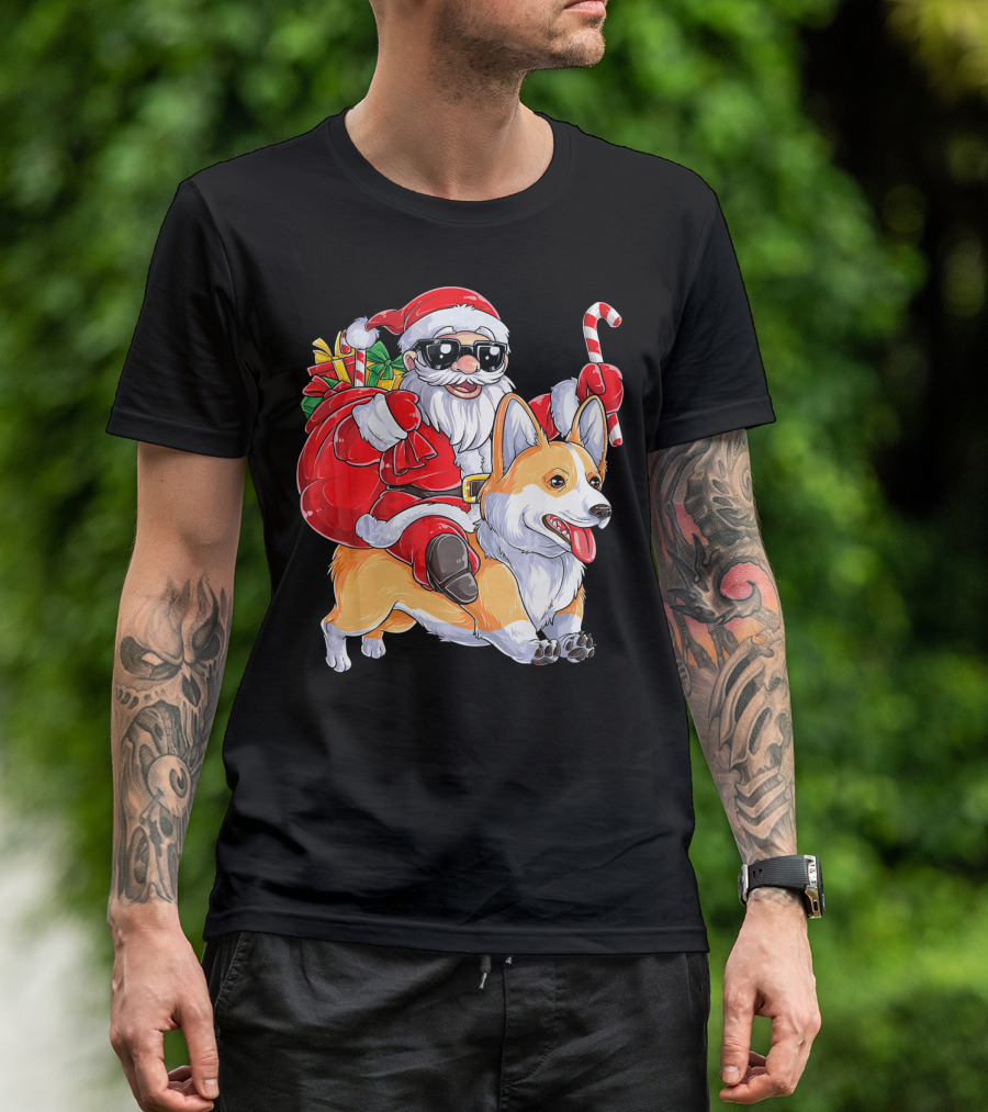 Santa Claus Riding Corgi With Gifts And Candy Cane Christmas T-Shirt