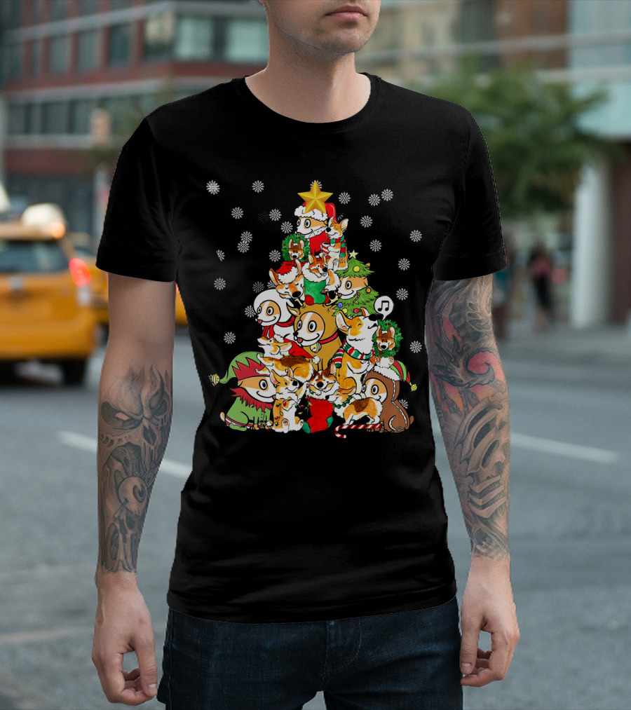 Corgi Festive Christmas Tree with Santa Hats and Snowflakes T-Shirt