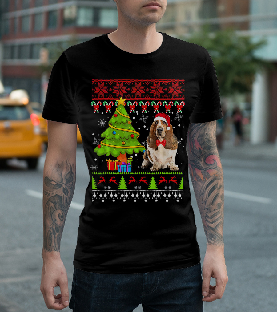 Basset Hound Ugly Christmas Tree Santa Hat Snowflakes Reindeers T-Shirt