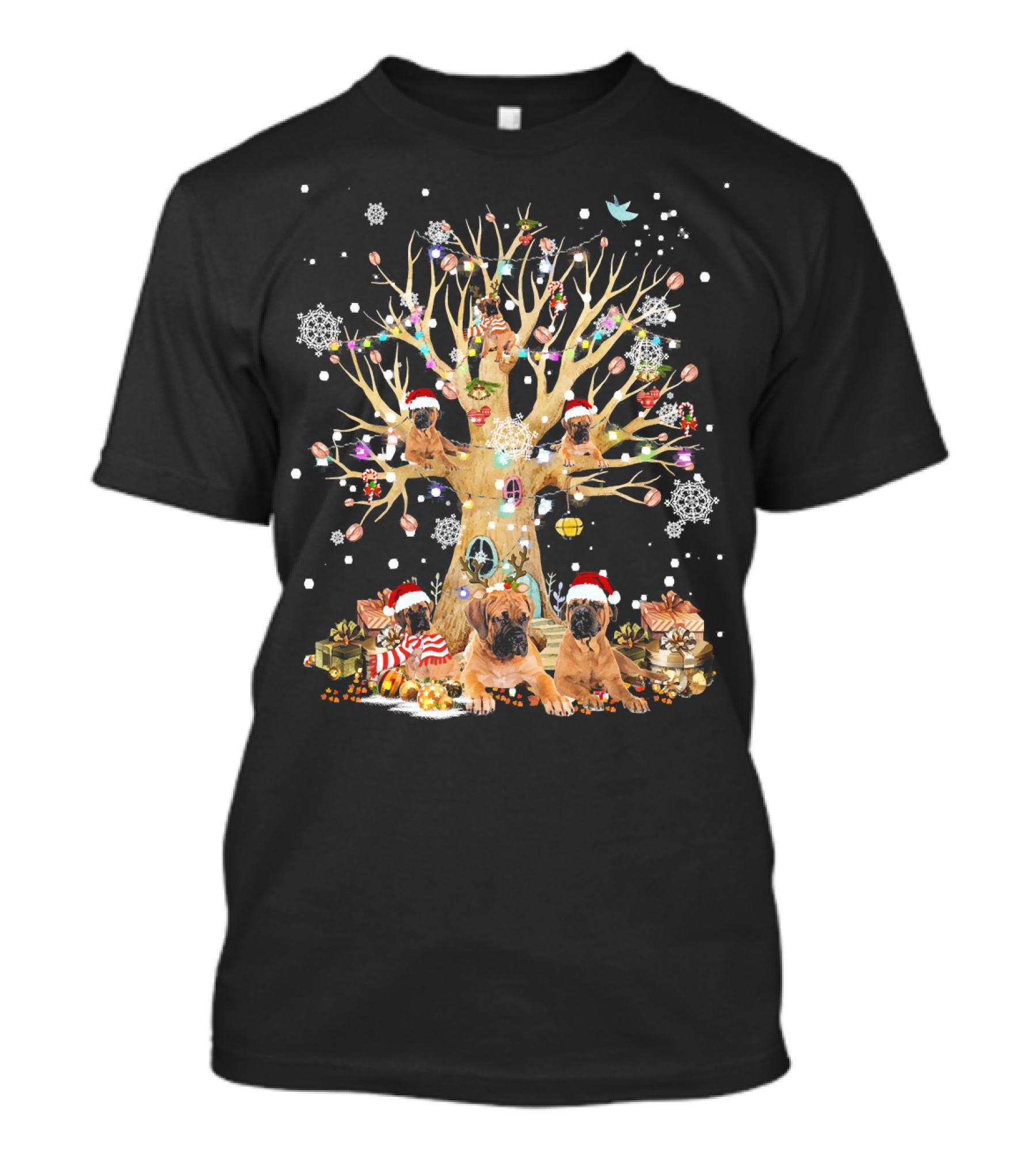 BullMastiff Puppies In Santa Hats Around Christmas Tree With Ornaments And Gifts T-Shirt