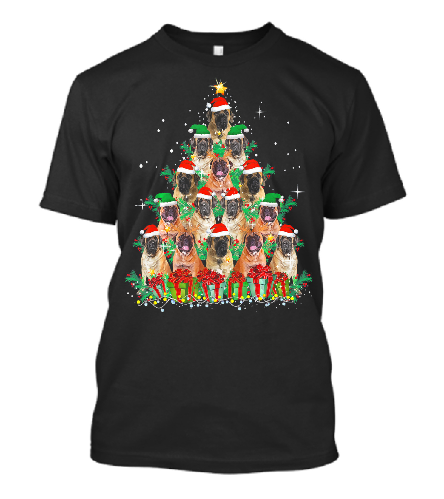 Cute English Mastiff Christmas Tree With Santa Hats And Presents T-Shirt