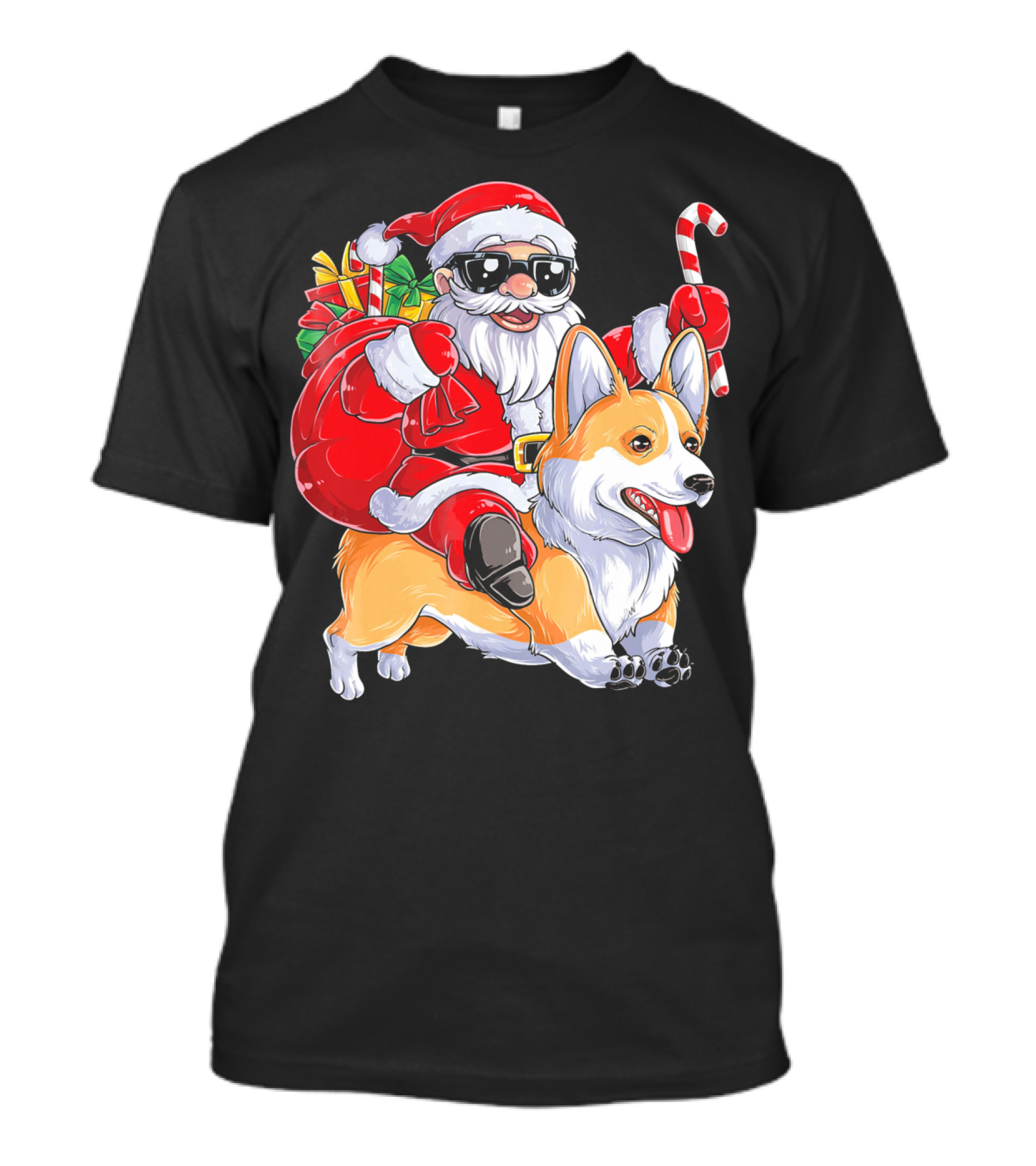 Santa Claus Riding Corgi With Candy Cane And Gift Bag T-Shirt
