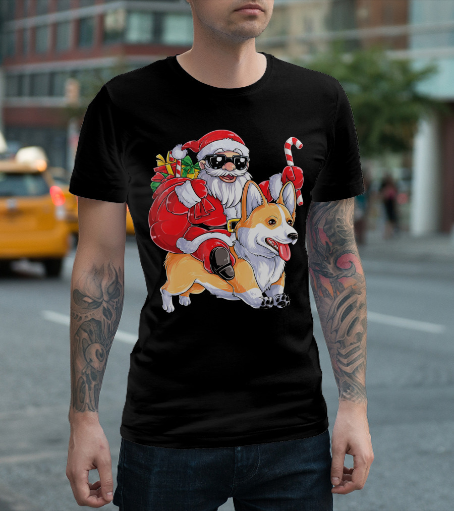 Santa Claus Riding Corgi With Candy Cane And Gift Bag T-Shirt