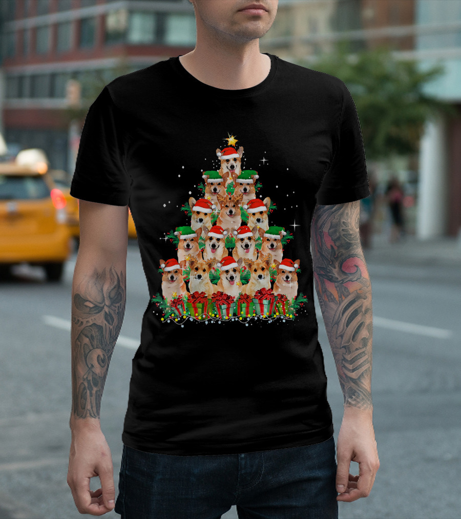 Corgi Christmas Tree Santa Hats Reindeer Antlers Holiday Gifts T-Shirt