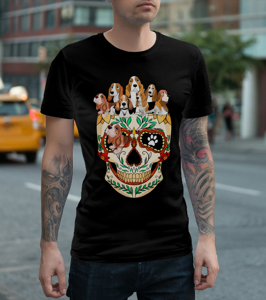 Basset Hound Sugar Skull With Colorful Floral And Paw Print Motif T-Shirt