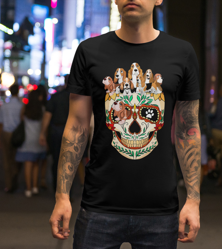Basset Hound Sugar Skull With Colorful Floral And Paw Print Motif T-Shirt