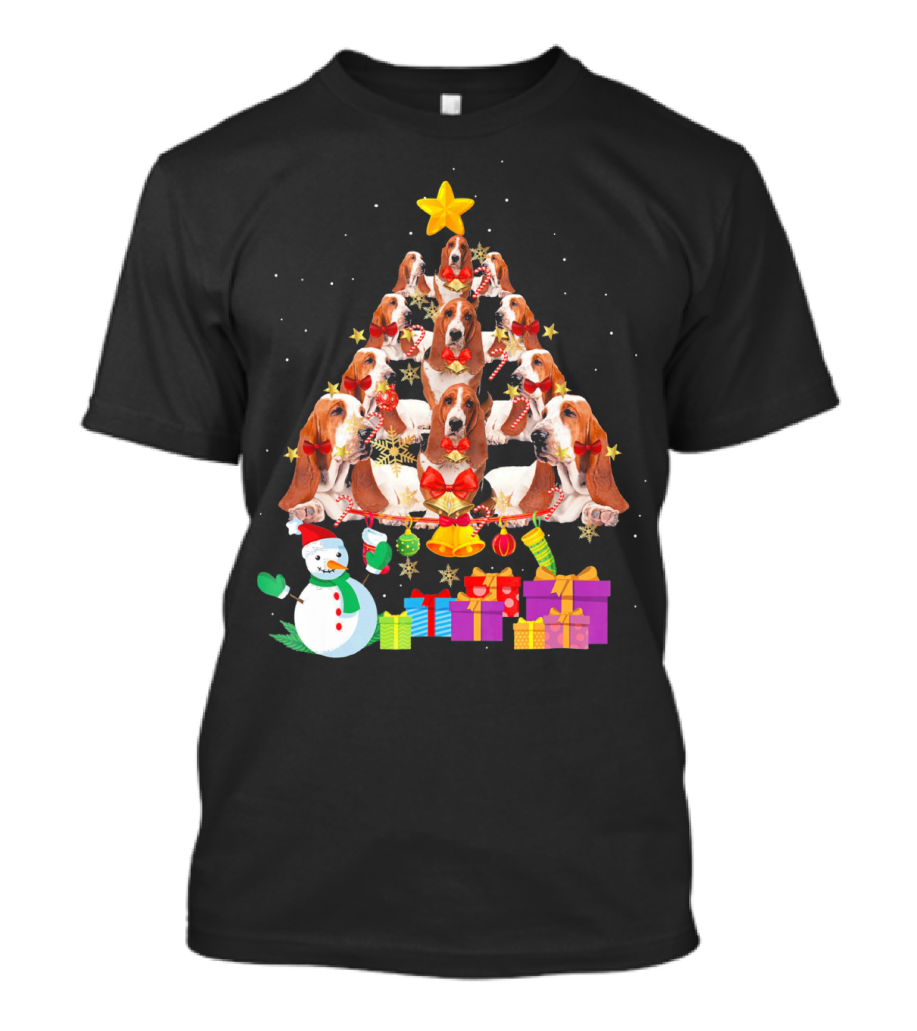 Basset Hound Christmas Tree With Snowman And Presents T-Shirt