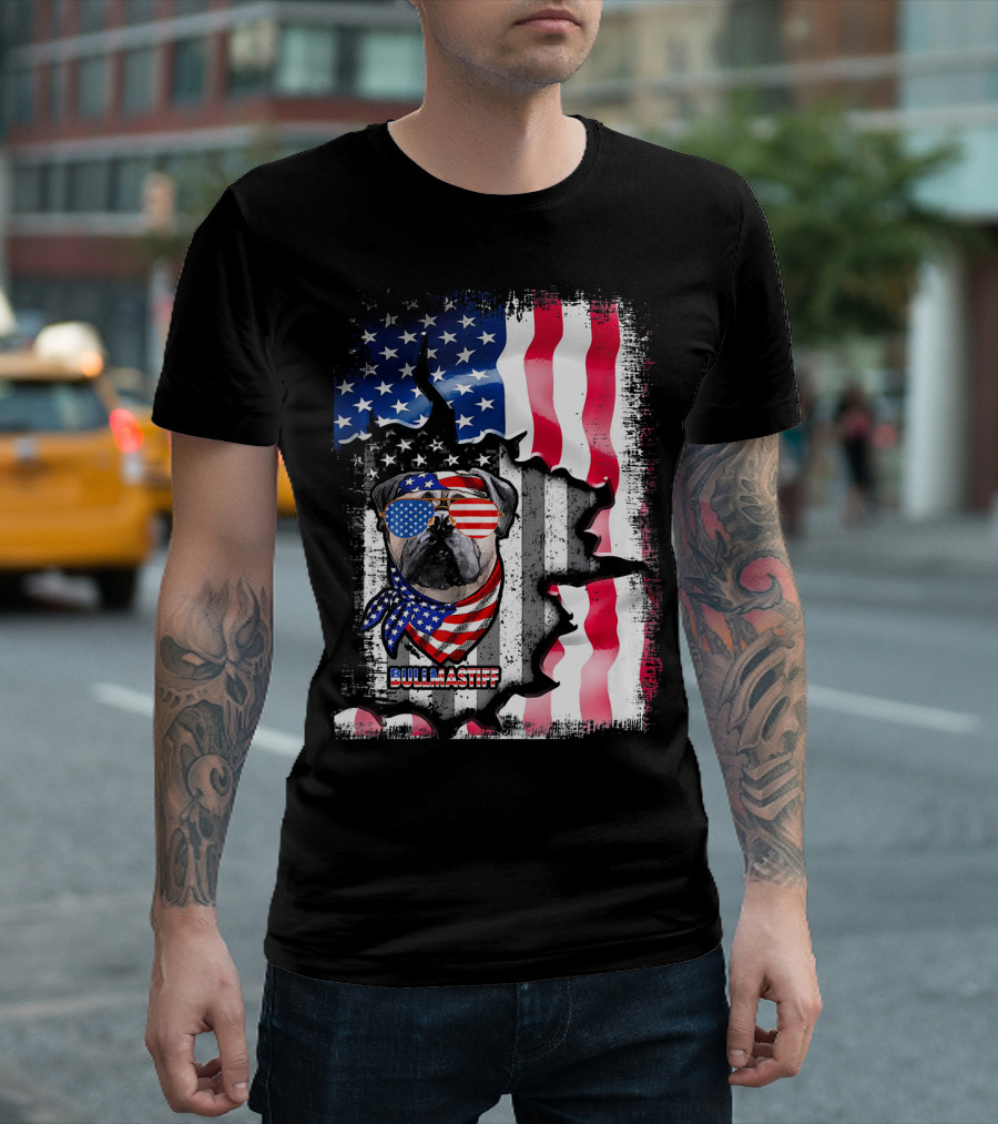 Bullmastiff Dog American Flag Lover Fun T-Shirt