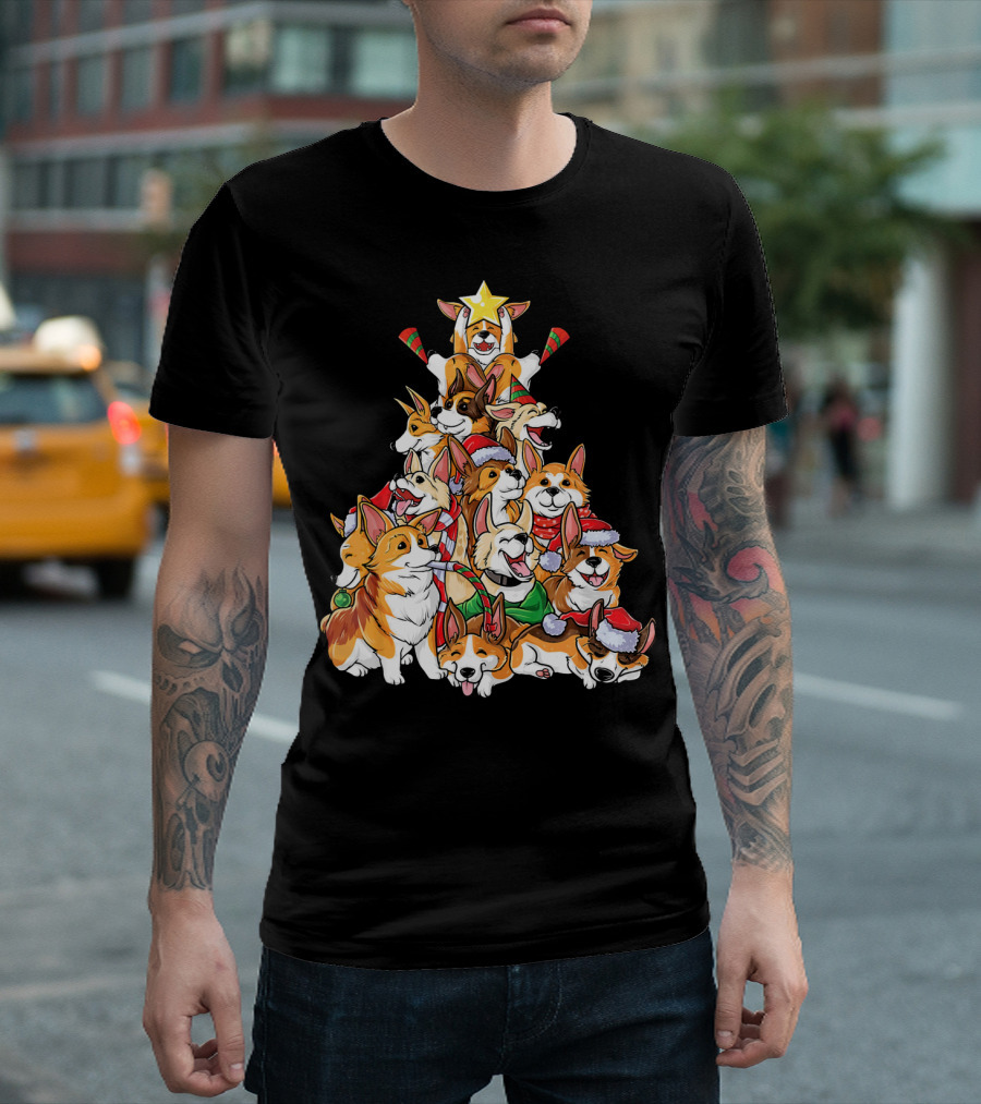 Corgi Christmas Tree Merry Corgm Holiday Dog Pile T-Shirt