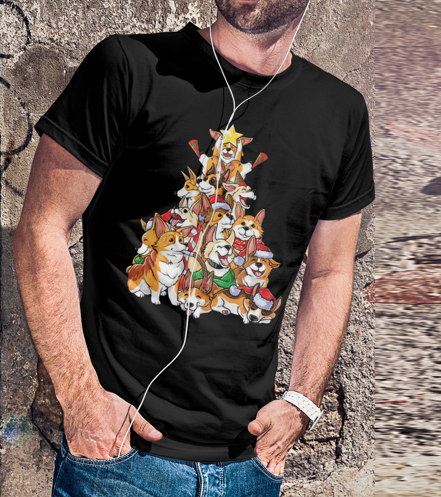 Corgi Christmas Tree Merry Corgm Holiday Dog Pile T-Shirt