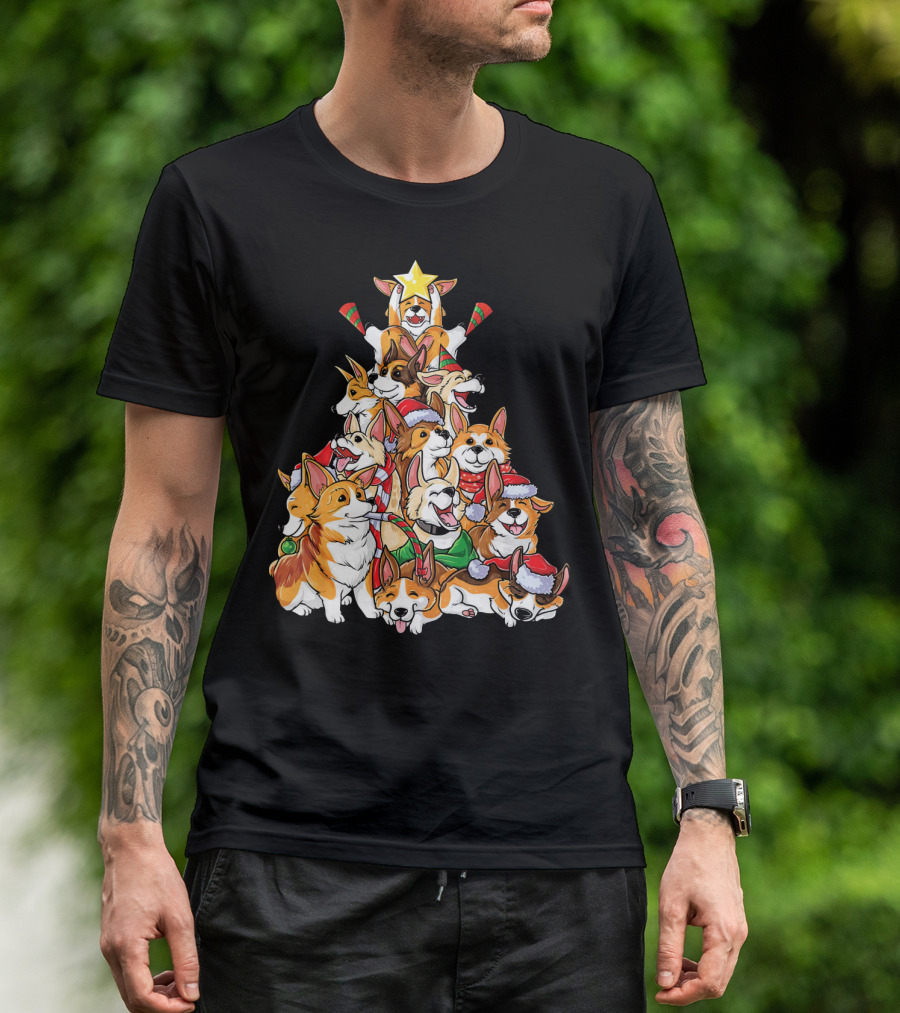 Corgi Christmas Tree Merry Corgm Holiday Dog Pile T-Shirt