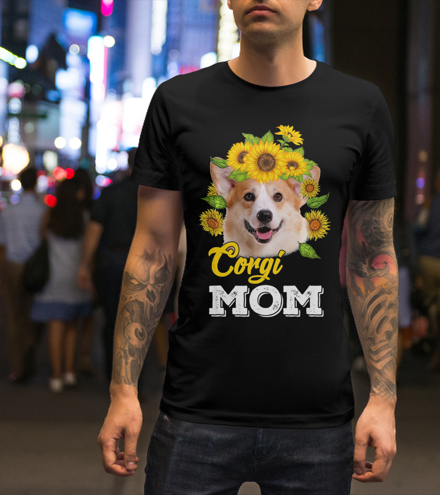 Corgi Mom Sunflower Headpiece Cute Dog Face T-Shirt