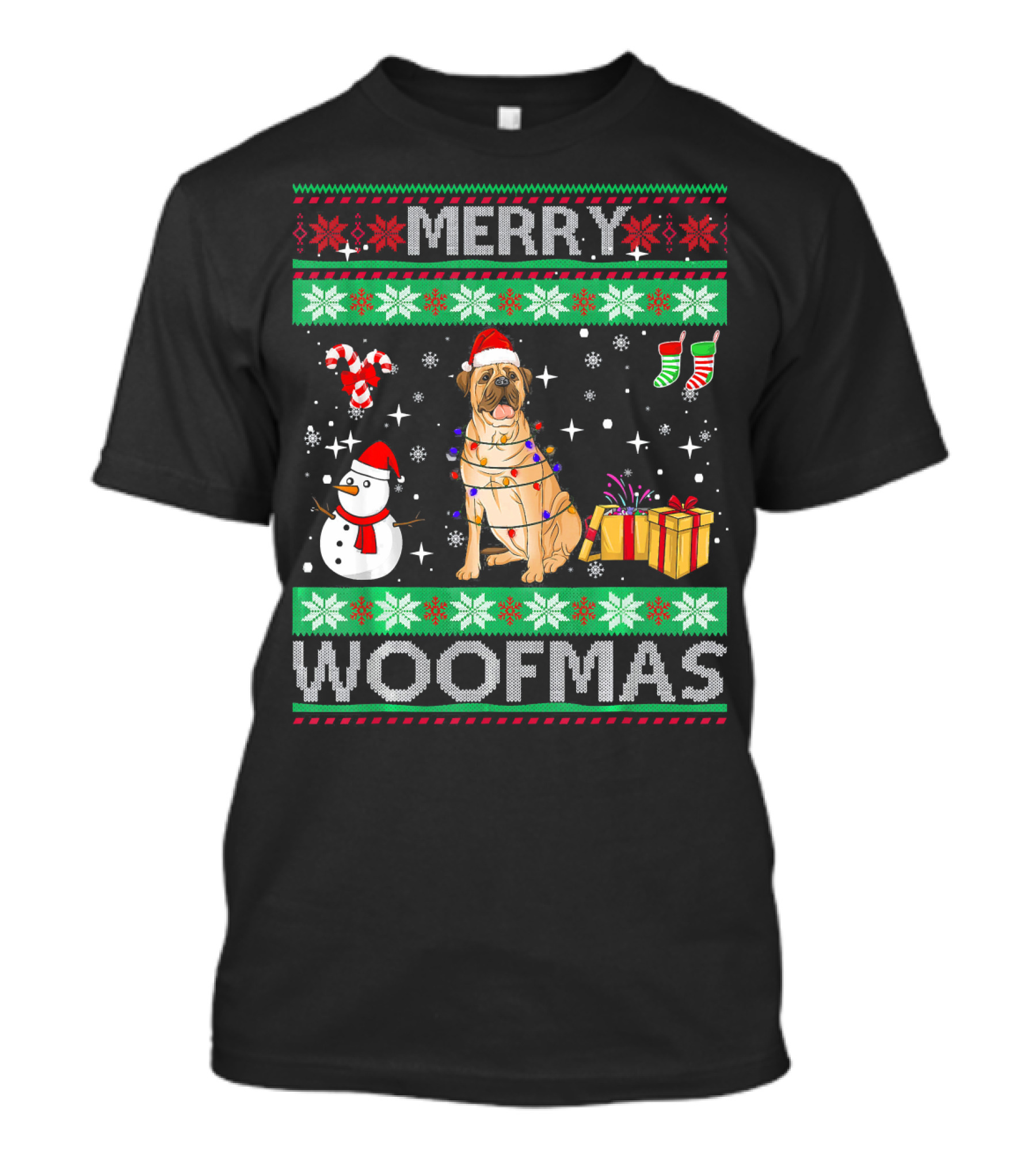 Merry Woofmas Bullmastiff Dog With Holiday Decorations And Snowman T-Shirt