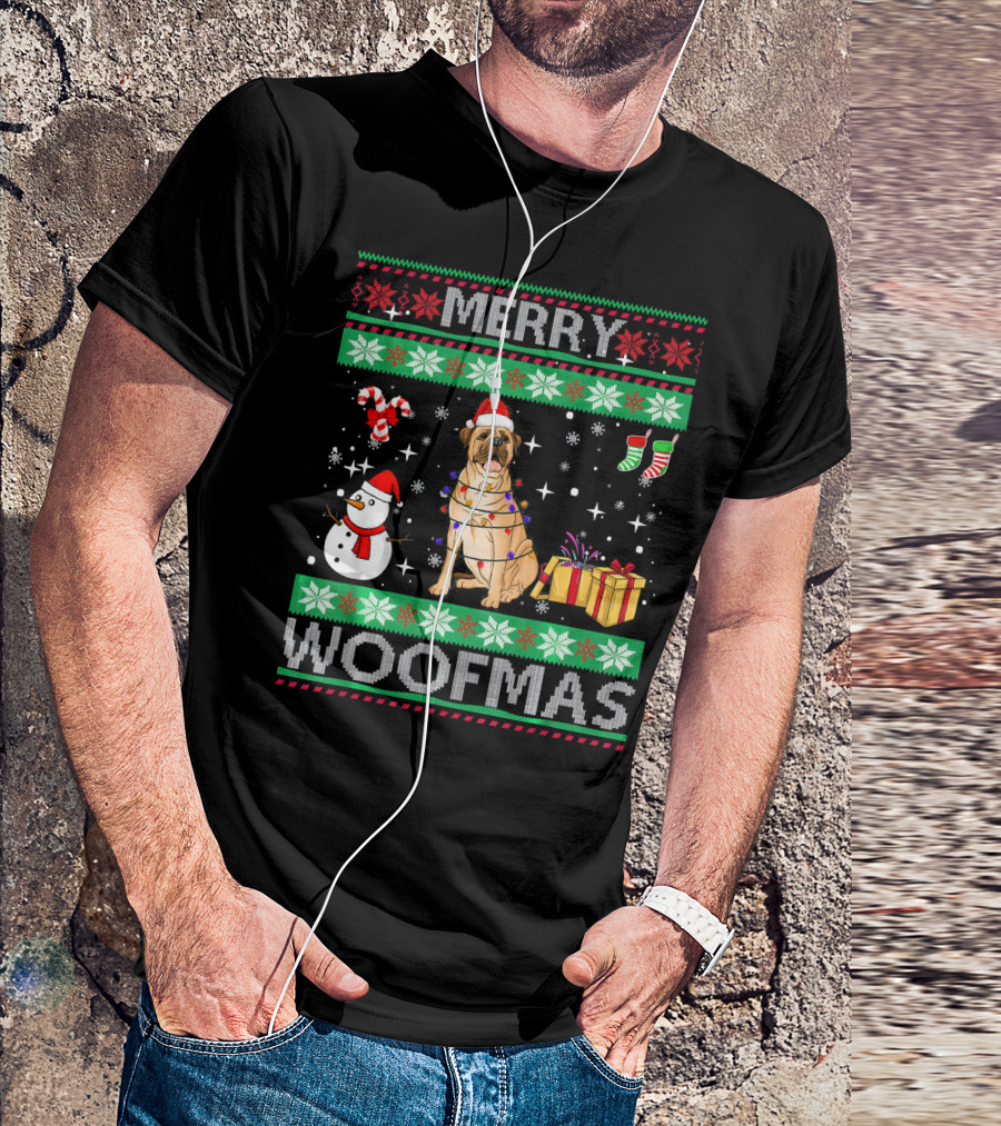 Merry Woofmas Bullmastiff Dog With Holiday Decorations And Snowman T-Shirt