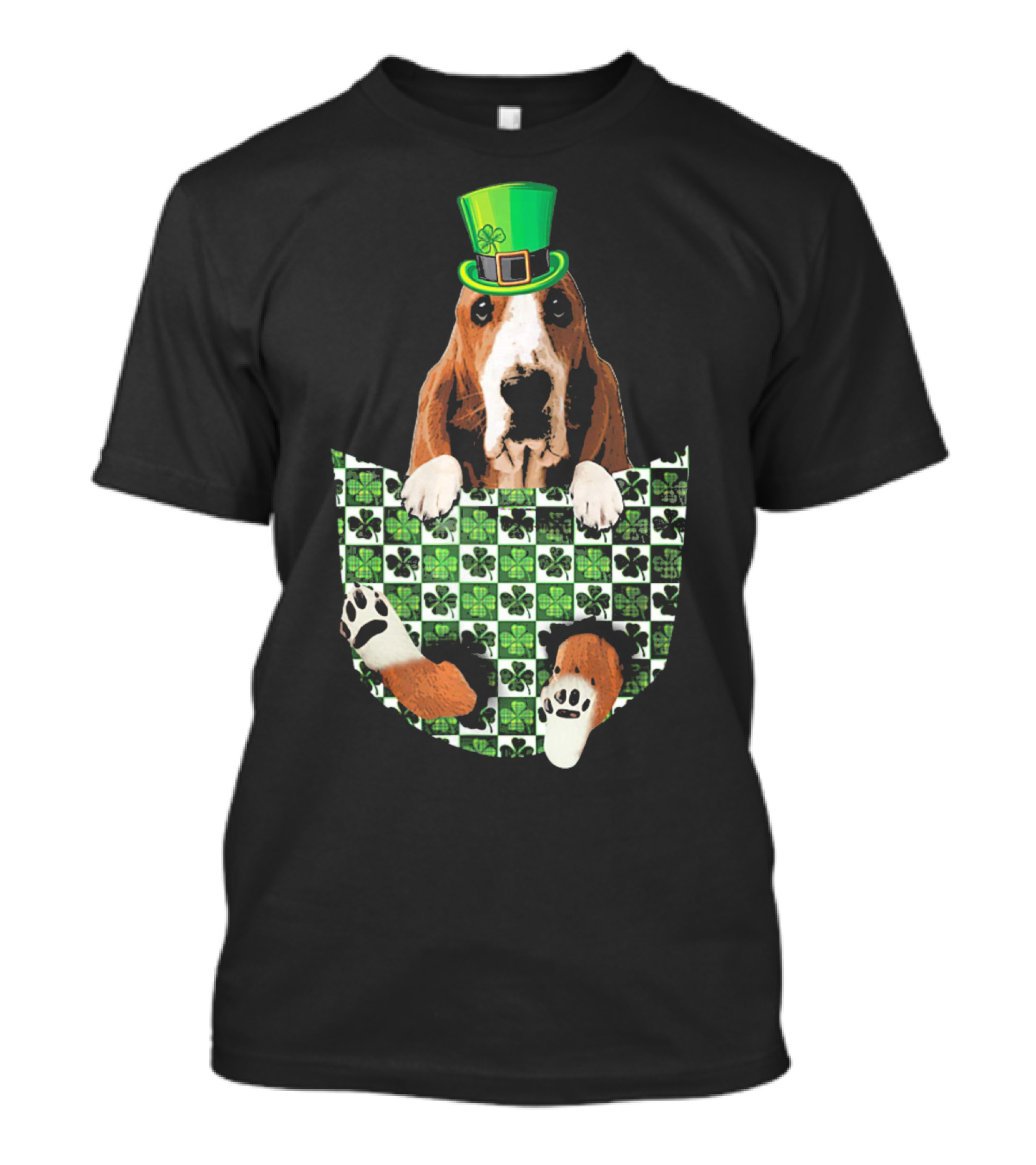 Basset Hound Leprechaun Hat Shamrock Pocket Green T-Shirt