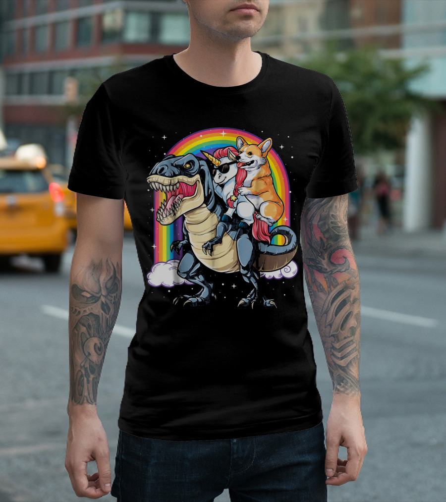 Corgi Riding Unicorn Trex Rainbow Adventure T-Shirt