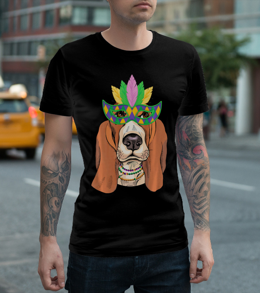 Basset Hound with Mardi Gras Mask and Beaded Necklace T-Shirt