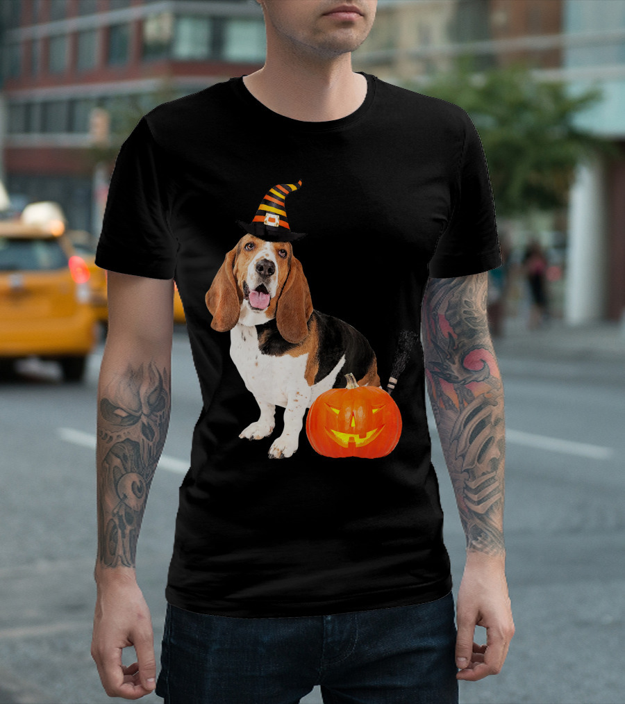 Basset Hound Witch Hat Halloween Dog Costume Pumpkin T-Shirt