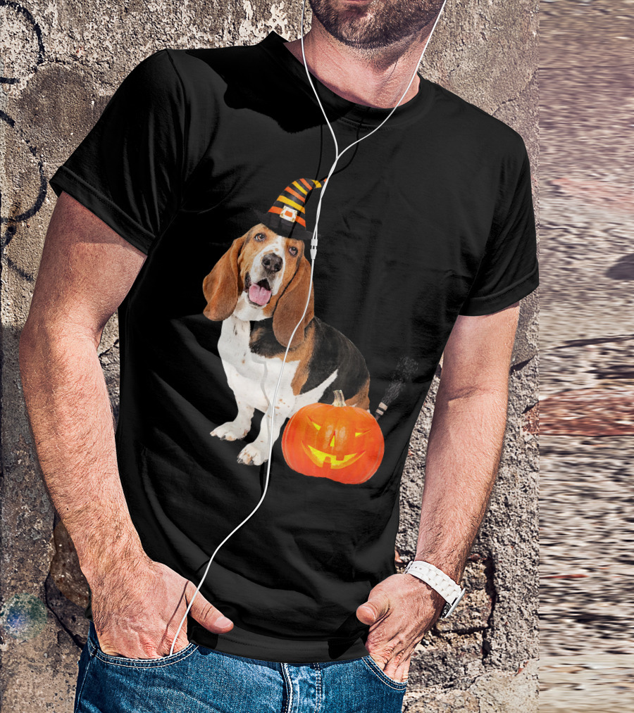 Basset Hound Witch Hat Halloween Dog Costume Pumpkin T-Shirt