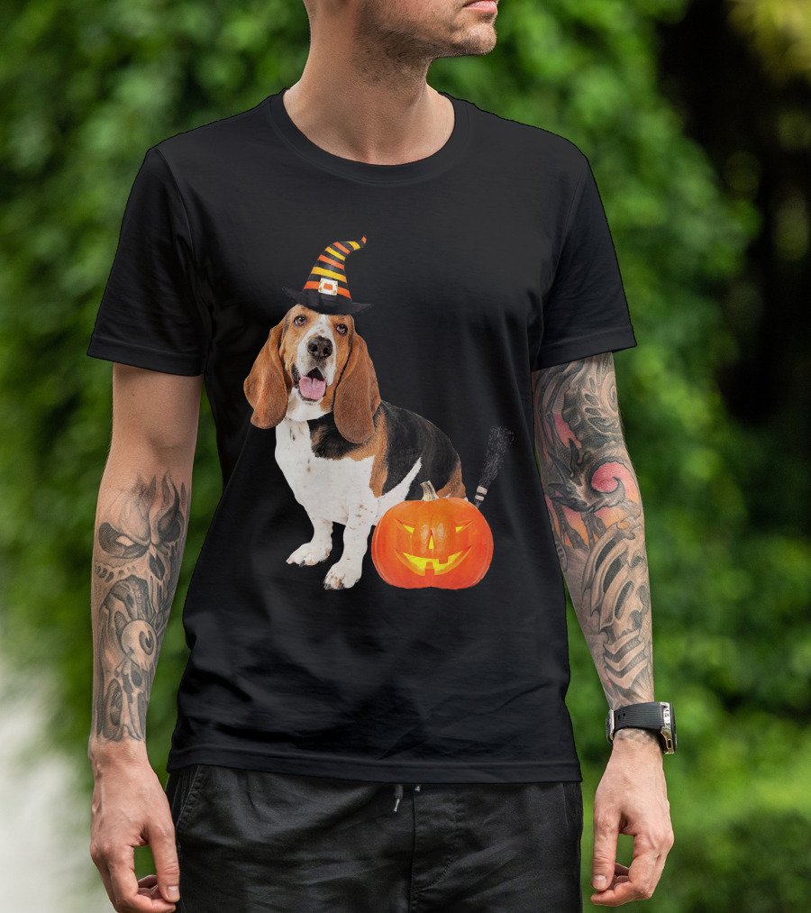 Basset Hound Witch Hat Halloween Dog Costume Pumpkin T-Shirt