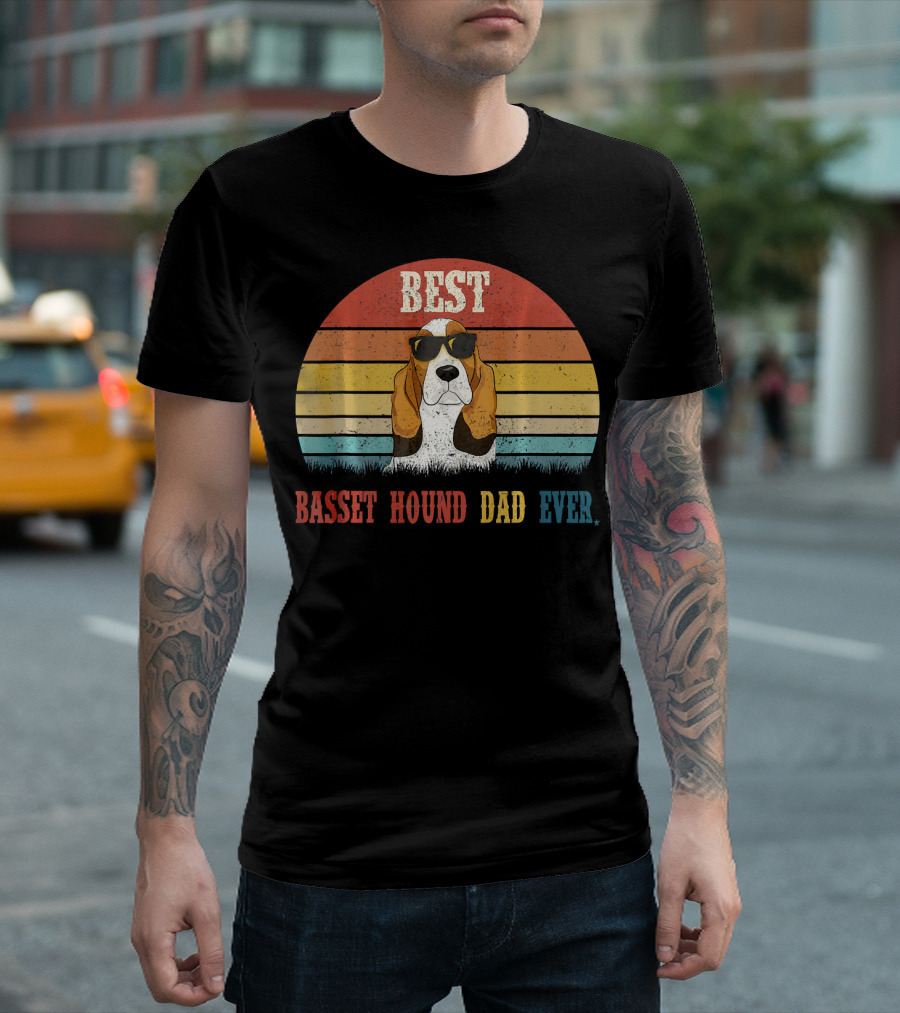 Best Basset Hound Dad Ever Retro Sunglasses Dog Sunset Stripes T-Shirt