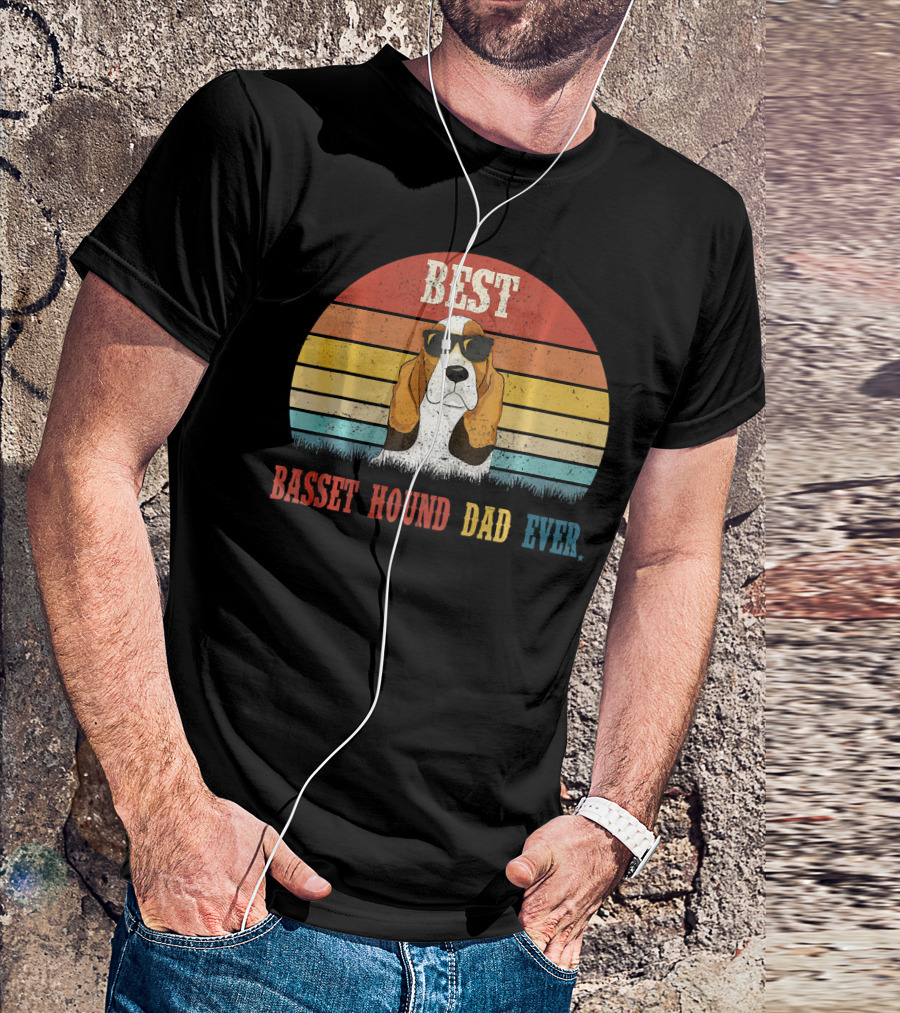 Best Basset Hound Dad Ever Retro Sunglasses Dog Sunset Stripes T-Shirt