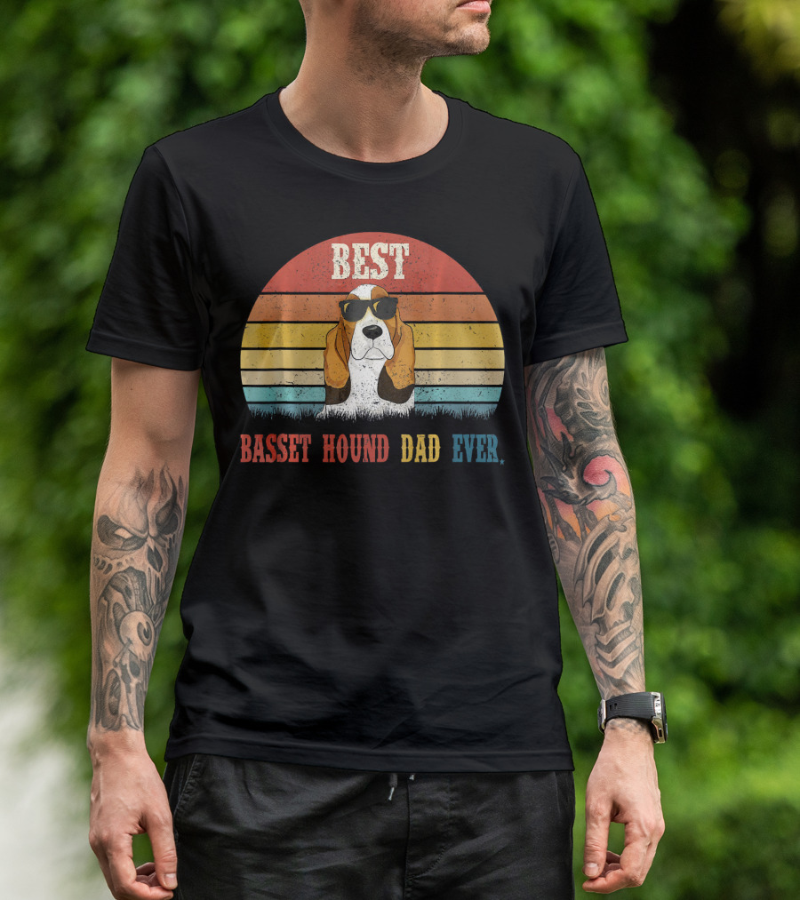 Best Basset Hound Dad Ever Retro Sunglasses Dog Sunset Stripes T-Shirt