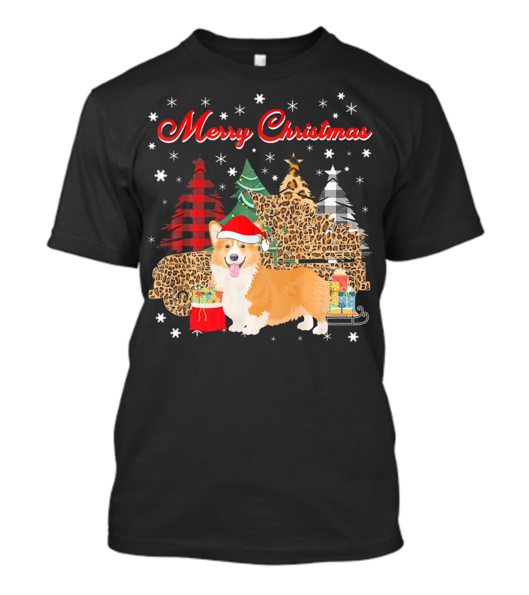 Merry Christmas Corgi Leopard Plaid Truck With Presents And Trees T-Shirt