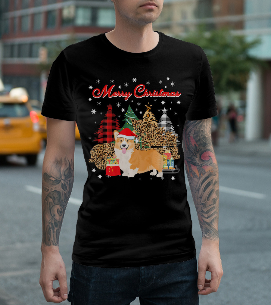Merry Christmas Corgi Leopard Plaid Truck With Presents And Trees T-Shirt