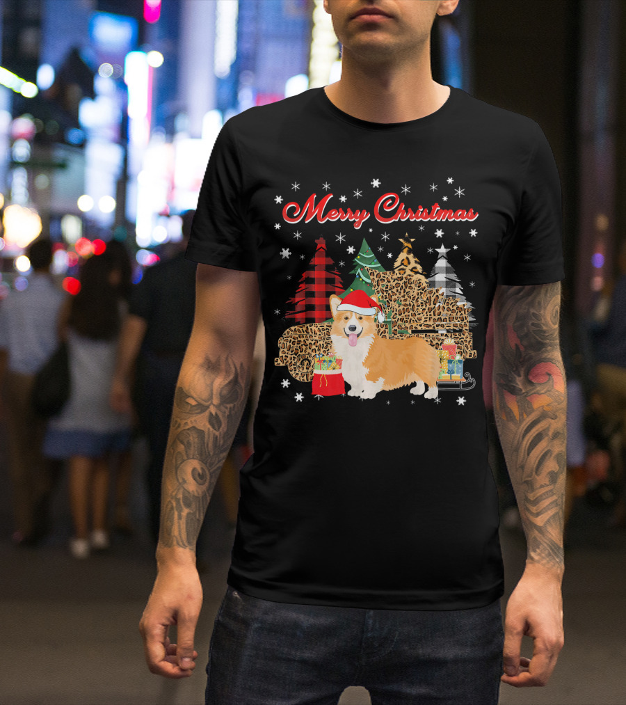 Merry Christmas Corgi Leopard Plaid Truck With Presents And Trees T-Shirt