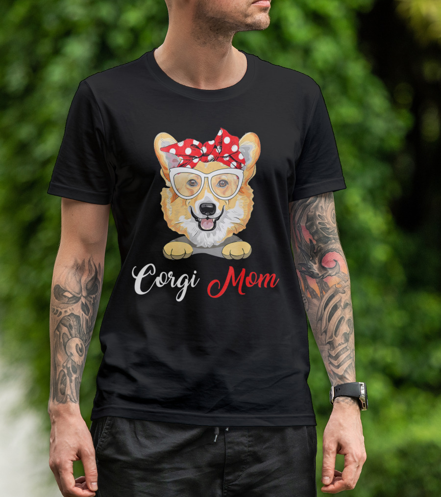 Corgi Mom Red Polka Dot Bow Glasses T-Shirt