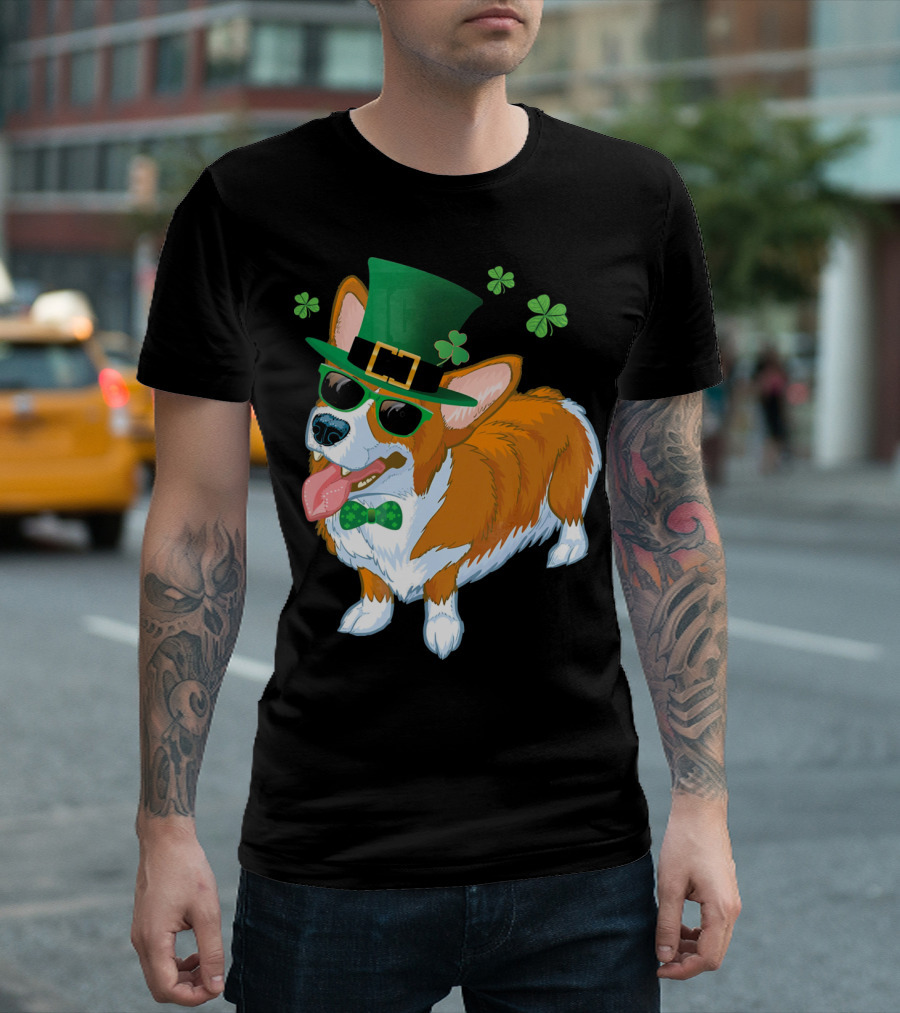 Corgi Dog Leprechaun St Patricks Day Clover Hat Bow Tie Sunglasses T-Shirt
