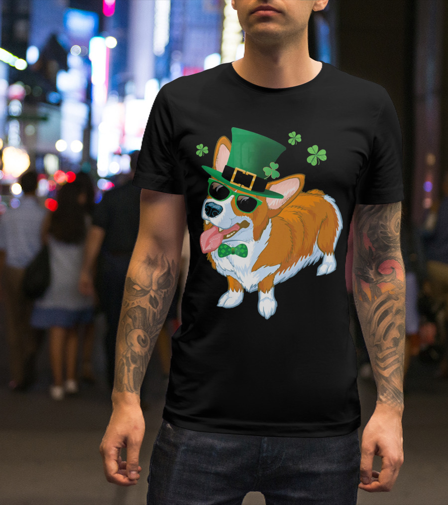 Corgi Dog Leprechaun St Patricks Day Clover Hat Bow Tie Sunglasses T-Shirt