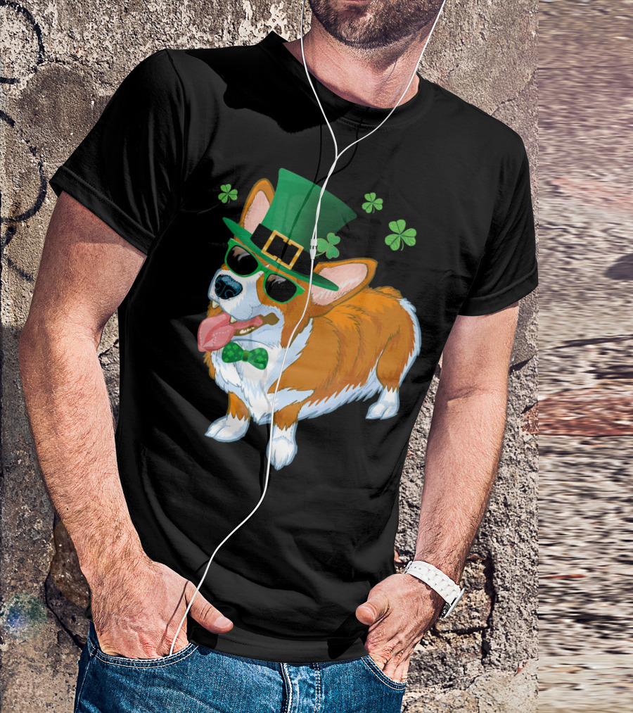 Corgi Dog Leprechaun St Patricks Day Clover Hat Bow Tie Sunglasses T-Shirt