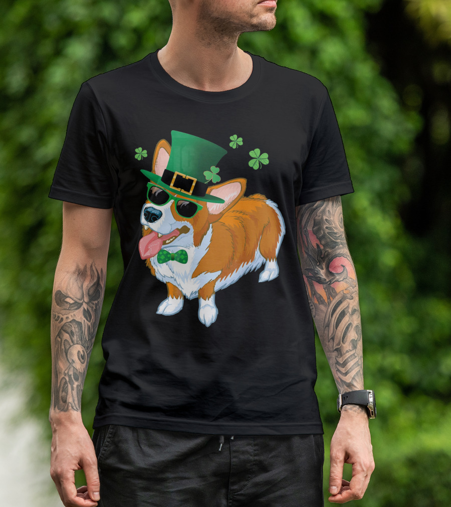 Corgi Dog Leprechaun St Patricks Day Clover Hat Bow Tie Sunglasses T-Shirt