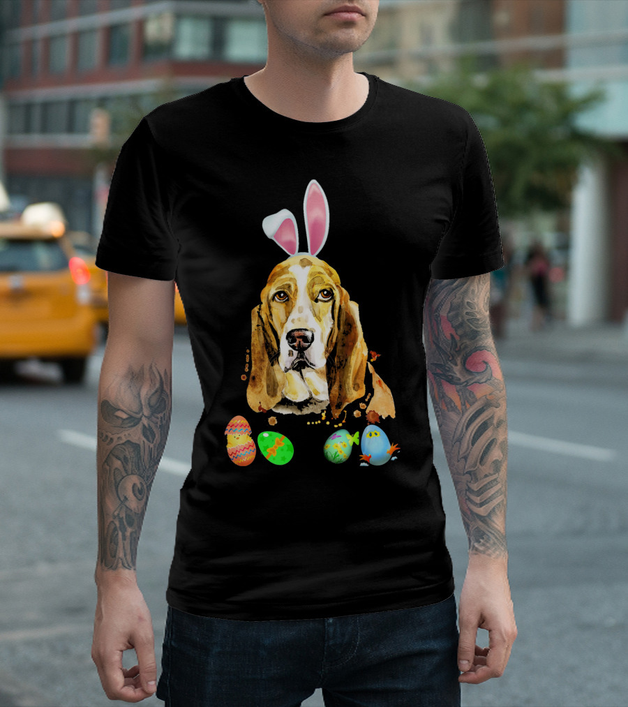 Cute Easter Basset Hound Bunny Ears and Eggs T-Shirt