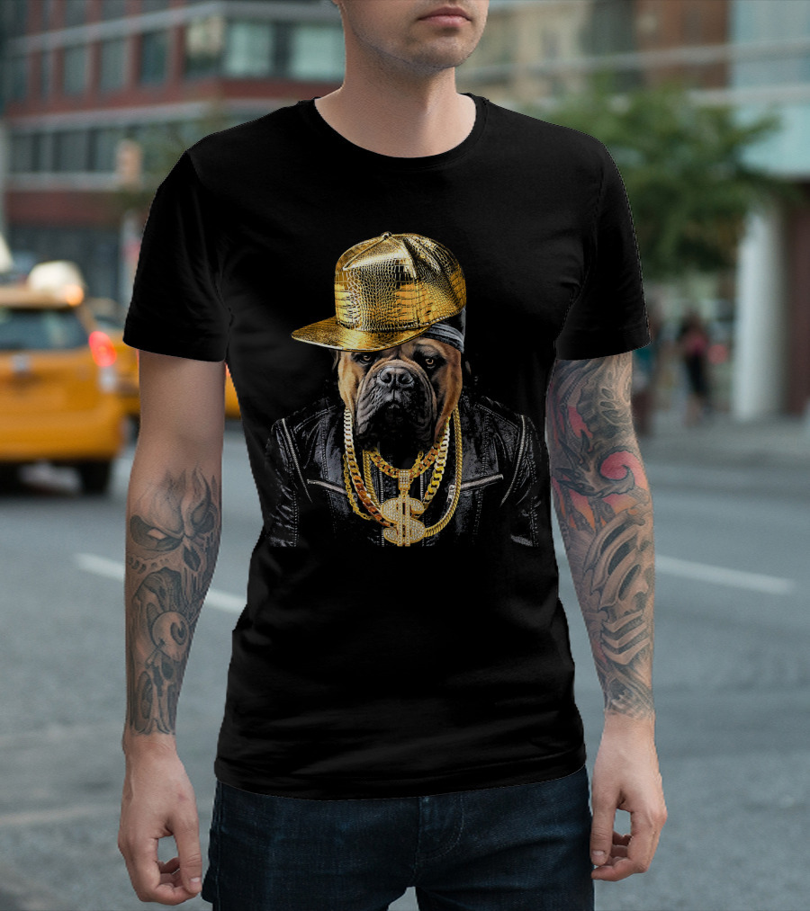 Bullmastiff Rapper Gold Chains and Cap Hip Hop T-Shirt