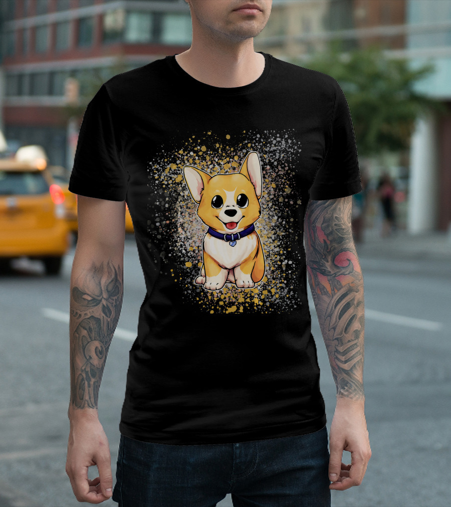 Cute Baby Pembroke Welsh Corgi Dog With Heart Collar And Splash Background T-Shirt