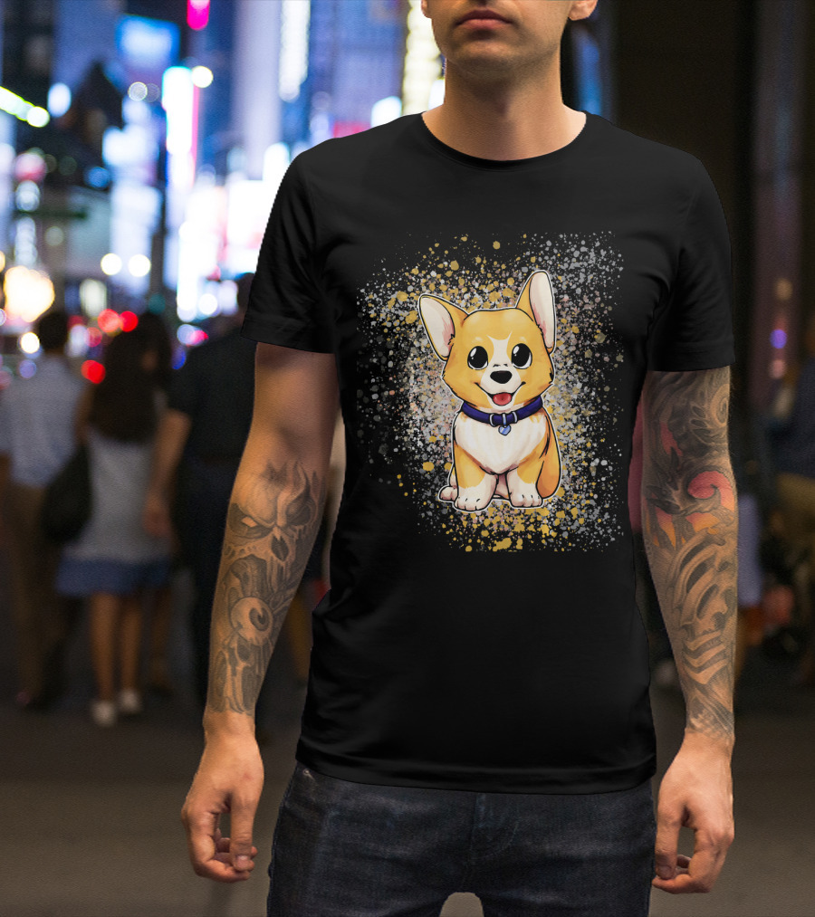 Cute Baby Pembroke Welsh Corgi Dog With Heart Collar And Splash Background T-Shirt