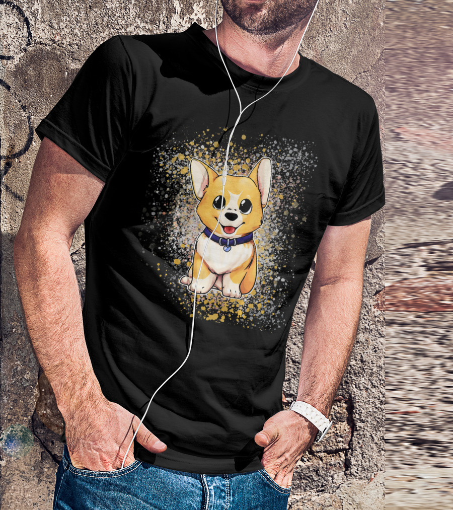 Cute Baby Pembroke Welsh Corgi Dog With Heart Collar And Splash Background T-Shirt