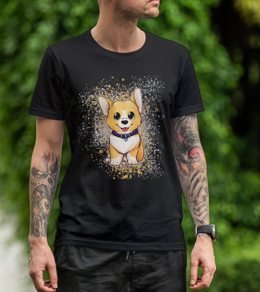 Cute Baby Pembroke Welsh Corgi Dog With Heart Collar And Splash Background T-Shirt