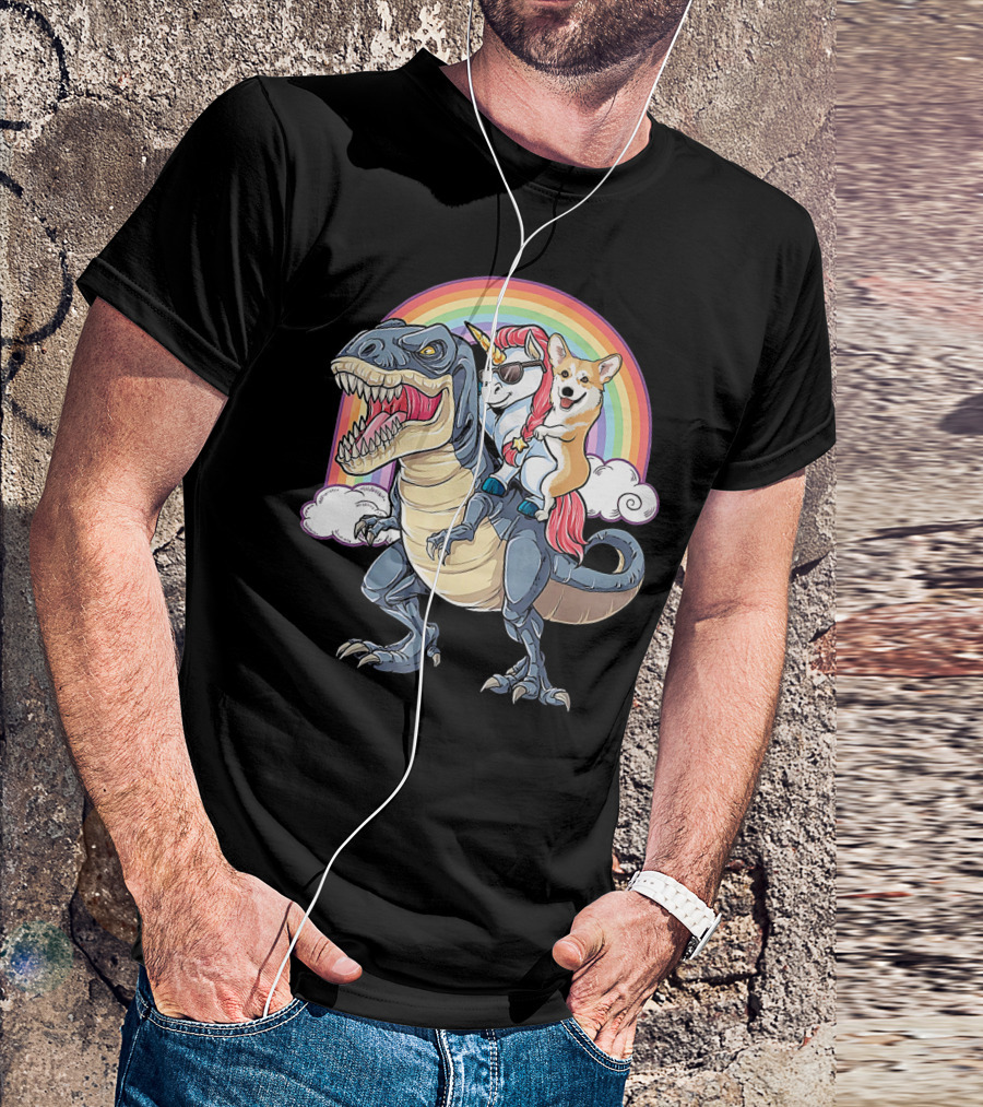 Corgi And Unicorn Ride Rex Like Boss Rainbow Adventure T-Shirt