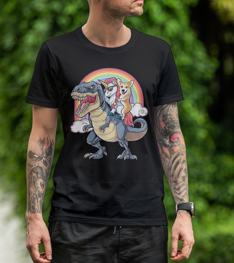 Corgi And Unicorn Ride Rex Like Boss Rainbow Adventure T-Shirt