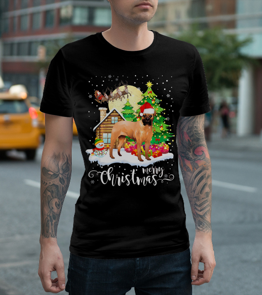 BullMastiff Merry Christmas Cabin Scene Snowman Sleigh T-Shirt